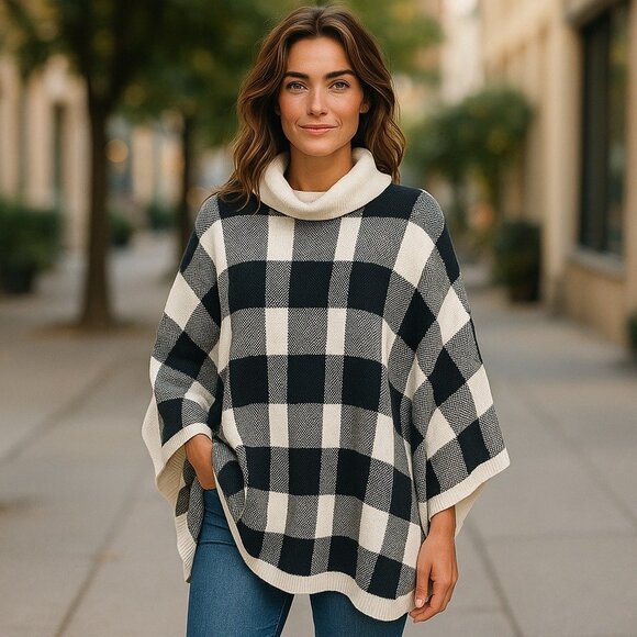 Talbots Lambswool Black Creme Buffalo‎ Check Plaid Poncho Size M Cape Sweater - Picture 4 of 6